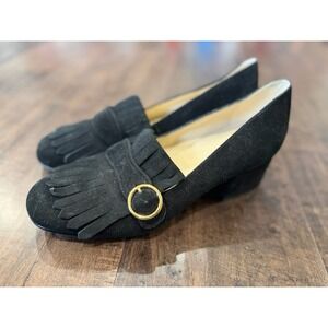 Marc Fisher Black Suede Kiltie Fringe Block Heel Loafers size Size‎ 10 Preppy